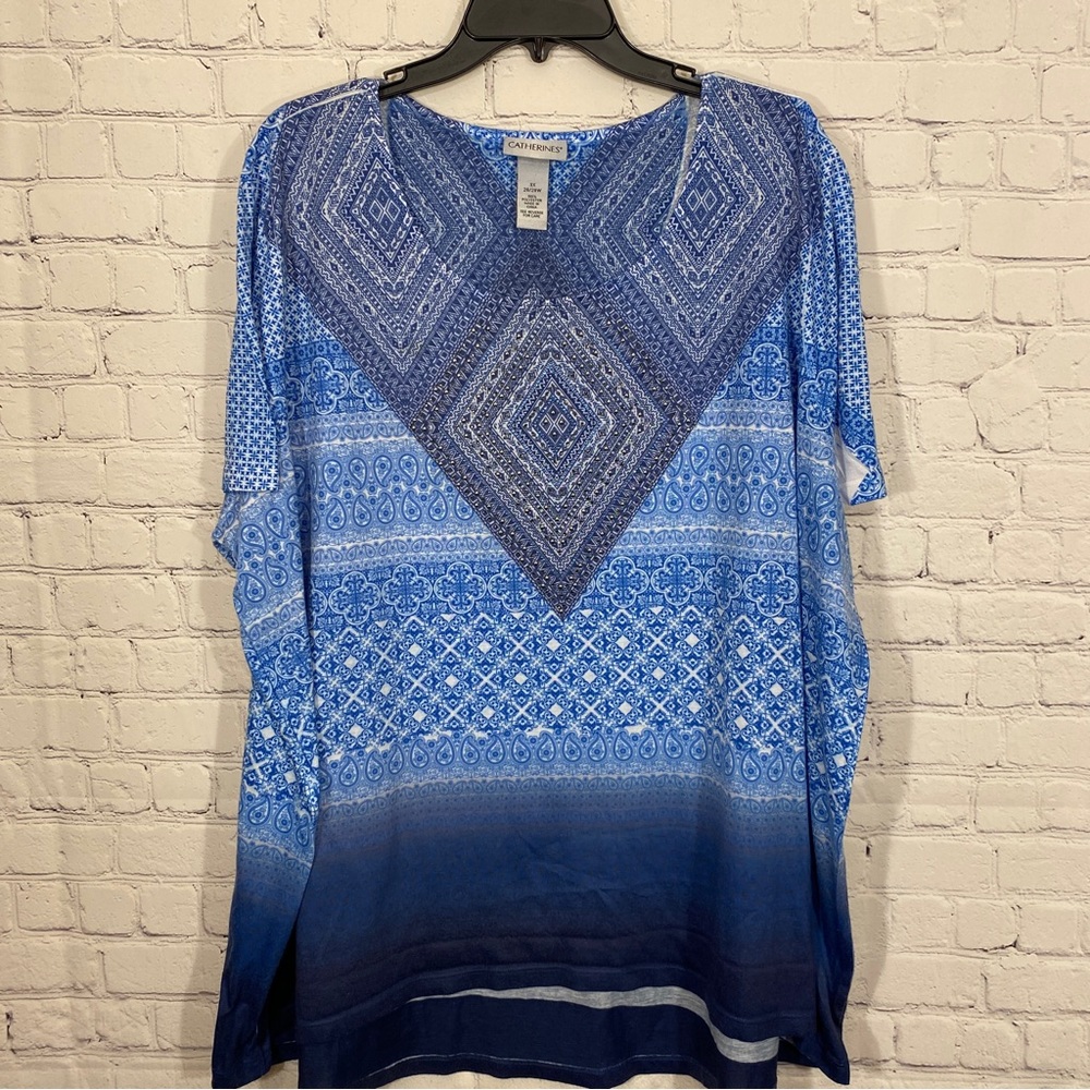 Catherines Womens Shirt 3X 26/28W Blue Round Neck Short Sleeve Bling Stretch Top